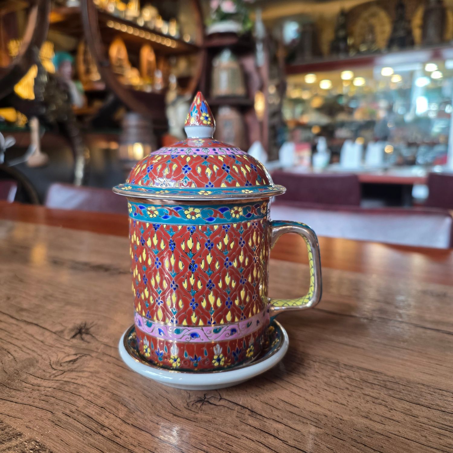 Thai Benjarong Porcelain Tea Mug with Lid &amp; Saucer - C