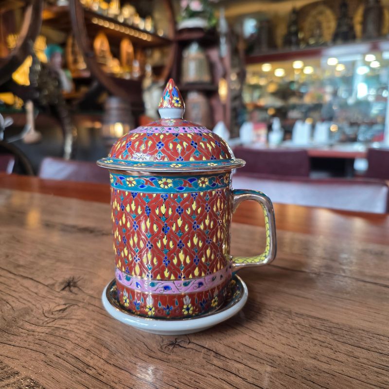 Thai Benjarong Porcelain Tea Mug with Lid &amp; Saucer - C