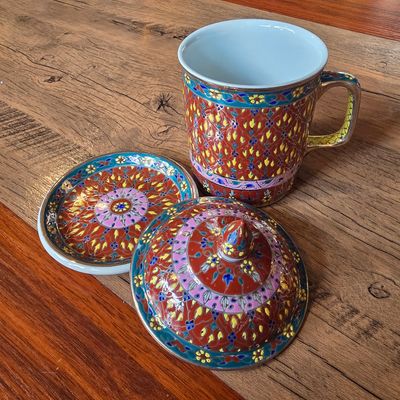 Thai Benjarong Porcelain Tea Mug with Lid &amp; Saucer - C