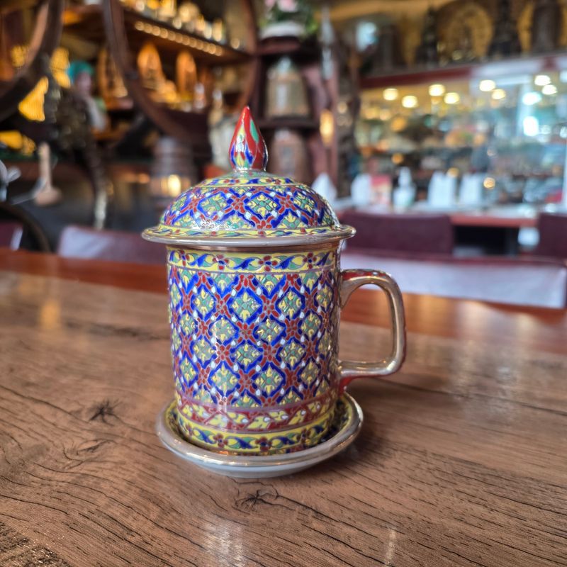 Thai Benjarong Porcelain Tea Mug with Lid &amp; Saucer - D