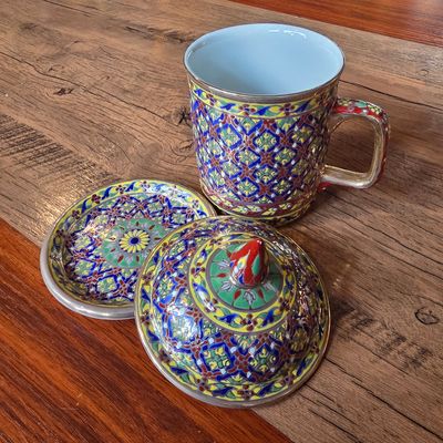 Thai Benjarong Porcelain Tea Mug with Lid &amp; Saucer - D