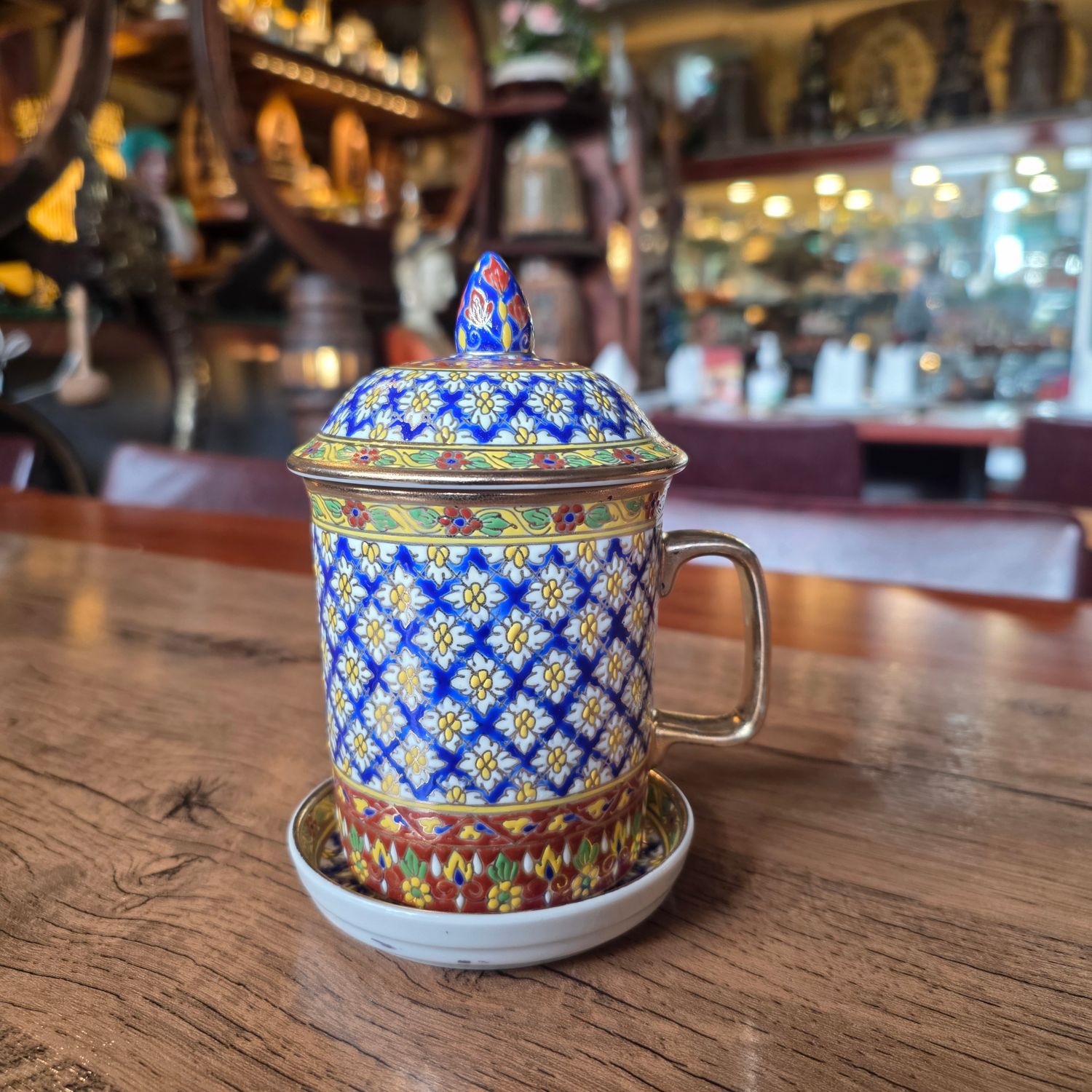 Thai Benjarong Porcelain Tea Mug with Lid &amp; Saucer - B