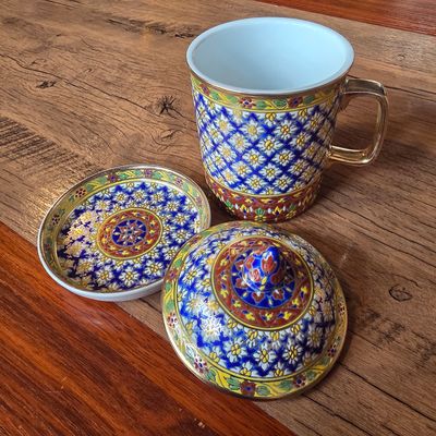 Thai Benjarong Porcelain Tea Mug with Lid &amp; Saucer - B
