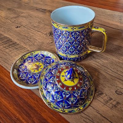 Thai Benjarong Porcelain Tea Mug with Lid &amp; Saucer - E