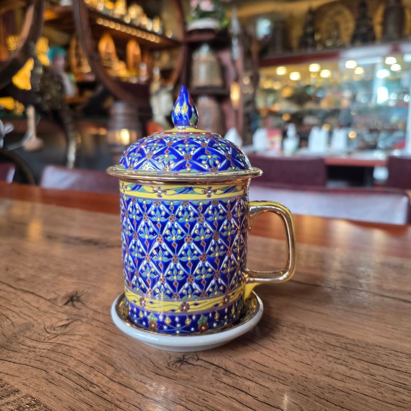 Thai Benjarong Porcelain Tea Mug with Lid &amp; Saucer - E