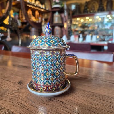 Thai Benjarong Porcelain Tea Mug with Lid &amp; Saucer - F