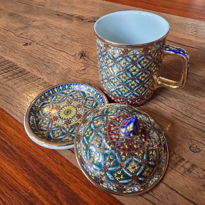Thai Benjarong Porcelain Tea Mug with Lid &amp; Saucer - F