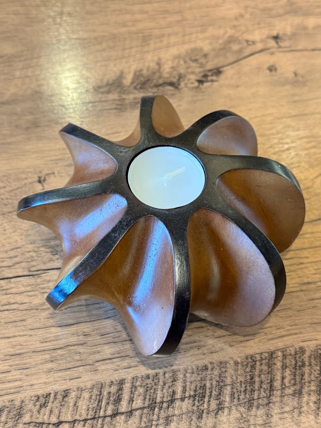 Hand Carved Wooden Tea Light Candle Holder (F)
