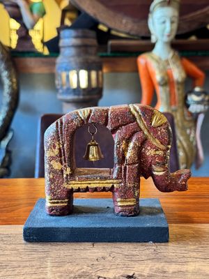 Hand Carved Wooden Elephant with Bell - Brown&amp;Gold - Small