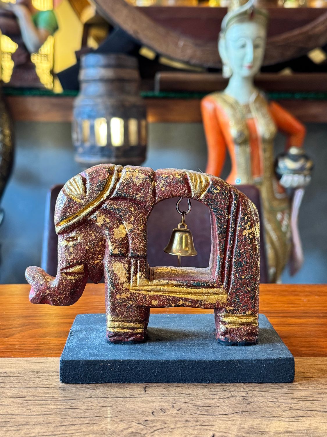 Hand Carved Wooden Elephant with Bell - Brown&amp;Gold - Small