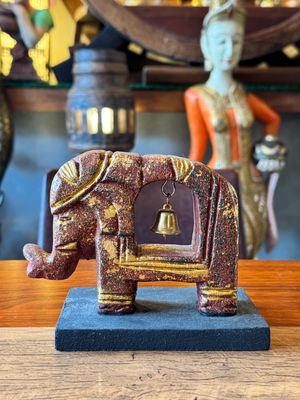 Hand Carved Wooden Elephant with Bell - Brown&amp;Gold - Small
