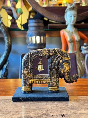 Hand Carved Wooden Elephant with Bell - Gold&amp;Navy - Small