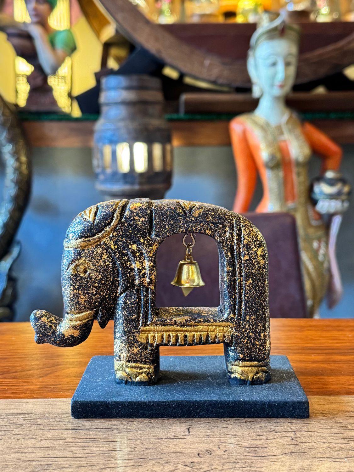 Hand Carved Wooden Elephant with Bell - Gold&amp;Navy - Small