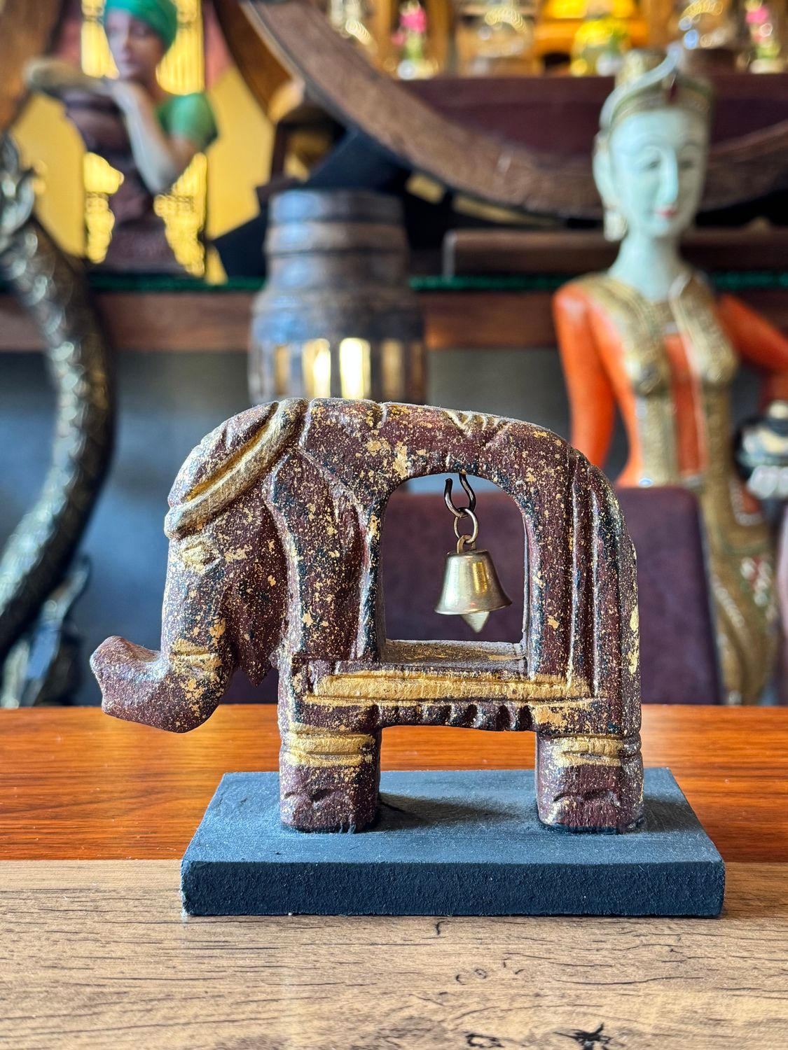 Hand Carved Wooden elephant with Bell - Gold&amp;Brown - Small