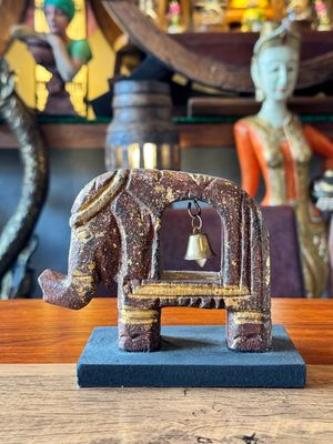 Hand Carved Wooden elephant with Bell - Gold&amp;Brown - Small