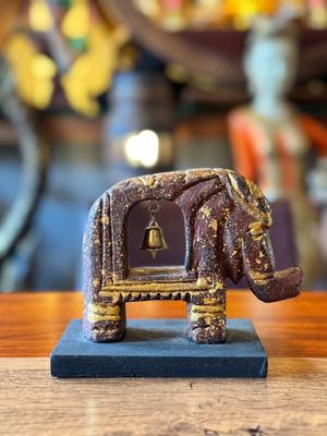 Hand Carved Wooden elephant with Bell - Gold&amp;Brown - Small