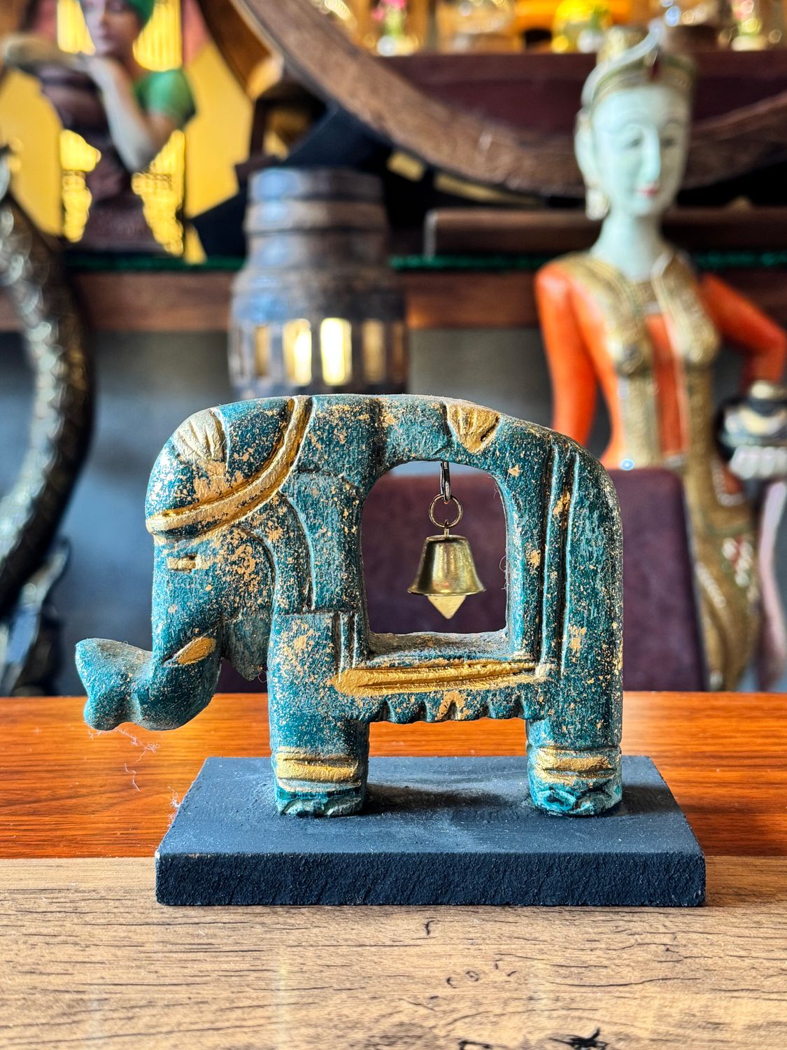 Hand Carved Wooden Elephant with Bell - Gold&amp;Green - Small
