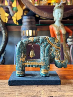 Hand Carved Wooden Elephant with Bell - Gold&amp;Green - Small