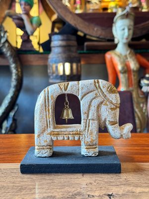 Hand Carved Wooden Elephant with Bell - Gold&amp;White - Small