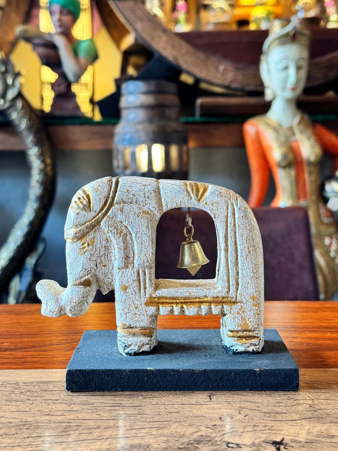 Hand Carved Wooden Elephant with Bell - Gold&amp;White - Small