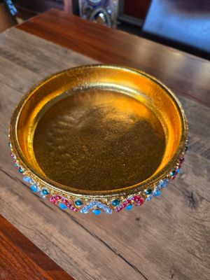 Traditional Thai Wooden Pedestal Tray – Gold with Jewel Detail - Kantok