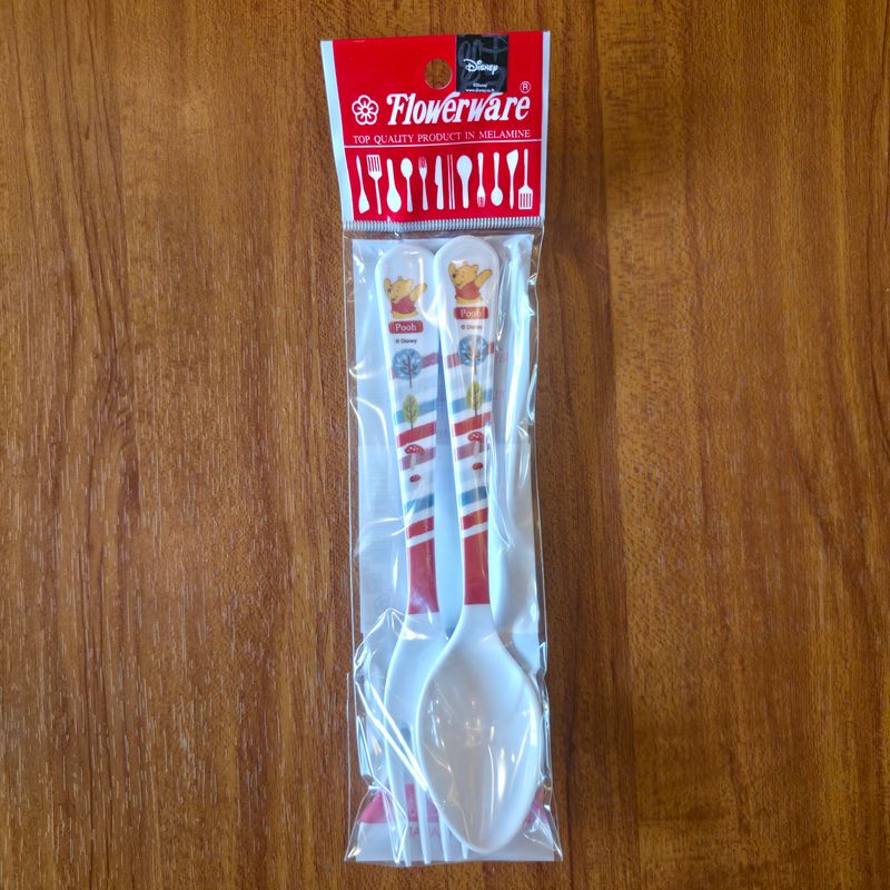 Melamine Spoon &amp; Fork Set-Winnie the pooh woodland