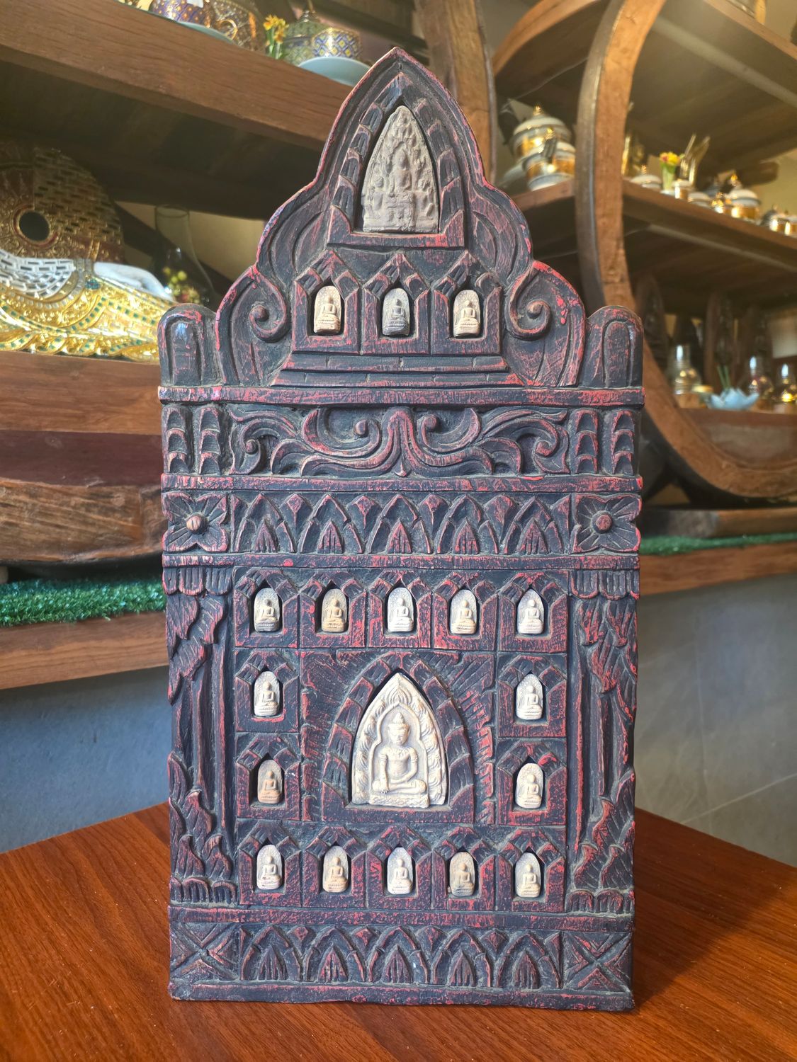 Lanna Wooden Buddha Panel with Terracotta Buddha Images