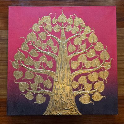 Golden Bodhi Tree Painting on canvas – Red &amp; Black