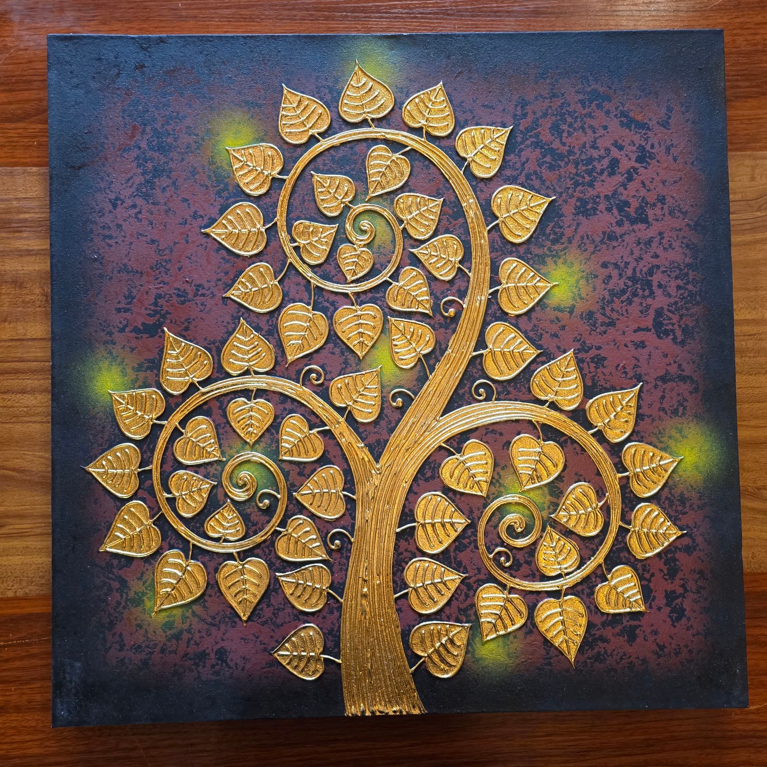 Golden Bodhi Tree Painting on canvas – Maroon &amp; Black