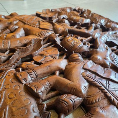 Hand-Carved Twin Elephant &amp; Lotus Wooden Wall Plaque