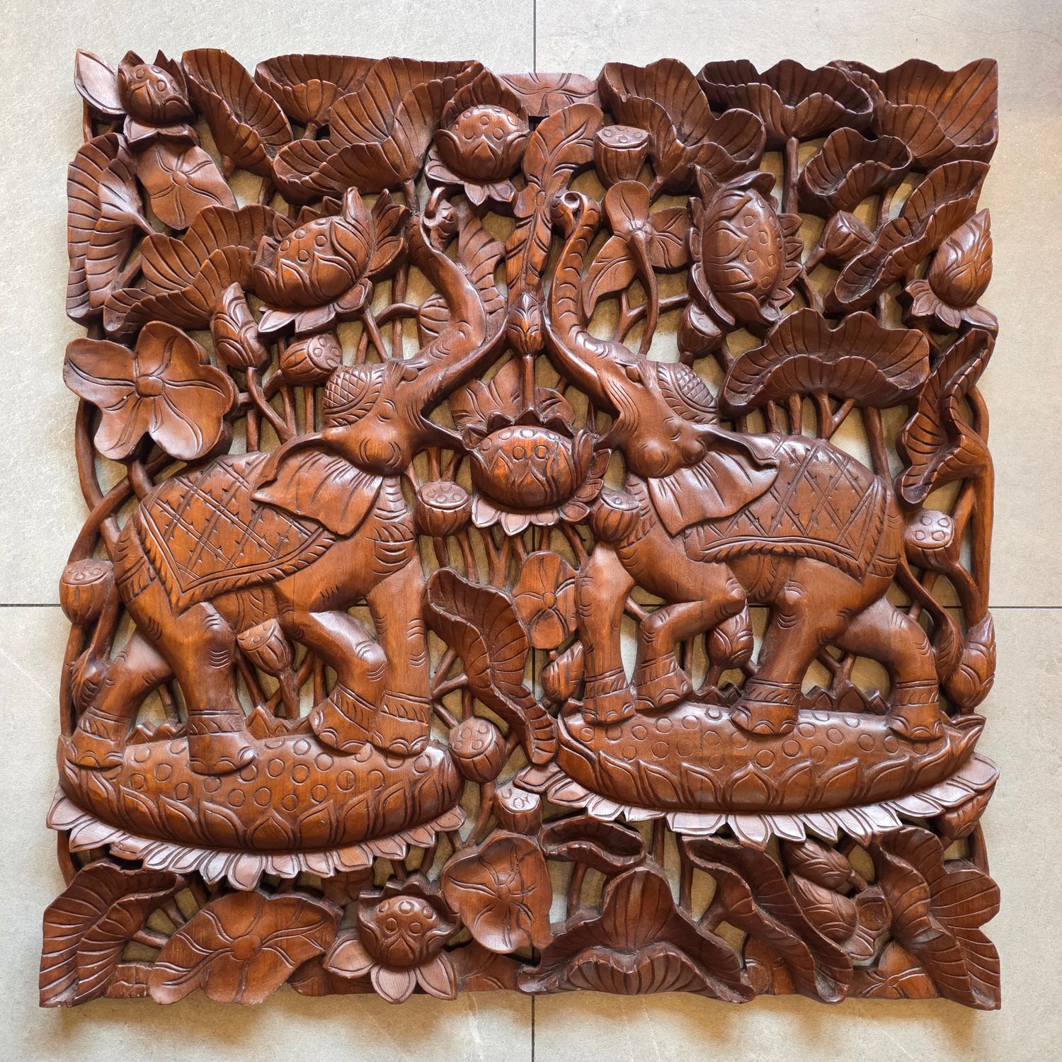 Hand-Carved Twin Elephant &amp; Lotus Wooden Wall Plaque