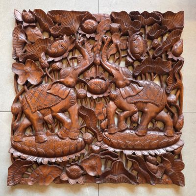 Hand-Carved Twin Elephant &amp; Lotus Wooden Wall Plaque