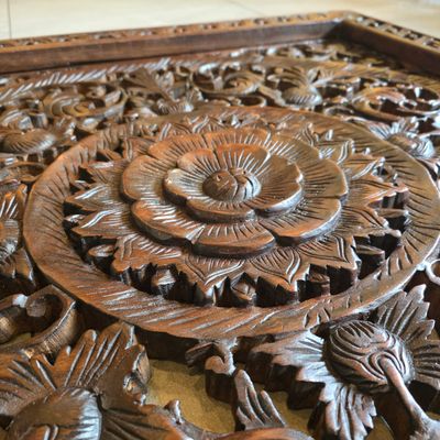 Hand-Carved Thai Floral Wooden Wall Plaque
