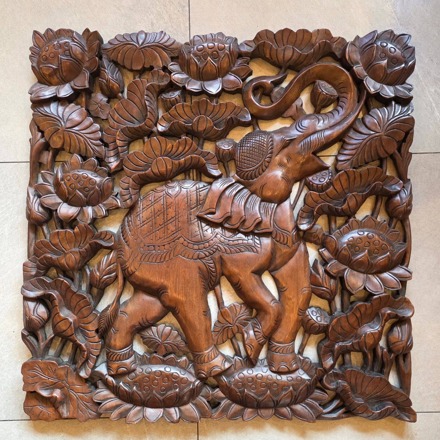 Hand-Carved Thai Elephant &amp; Lotus Wooden Wall Plaque