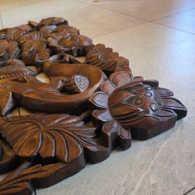 Hand-Carved Thai Elephant &amp; Lotus Wooden Wall Plaque