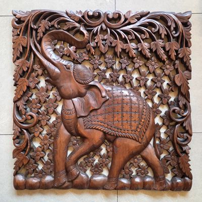 Hand-Carved Thai Elephant Wooden Wall Plaque–Floral Garden A