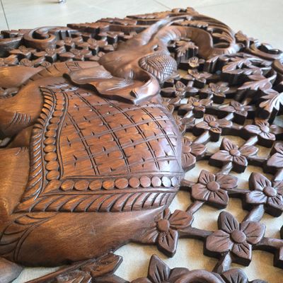 Hand-Carved Thai Elephant Wooden Wall Plaque–Floral Garden A