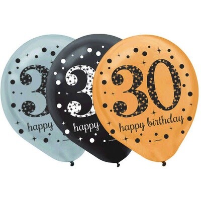 Gold and Black 30th Birthday Latex Balloon 12&quot; 15pk