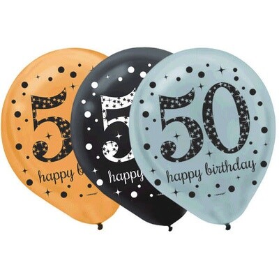 Sparkling Celebration 50th Birthday Latex Balloons Black, Silver &amp; Gold 15PK