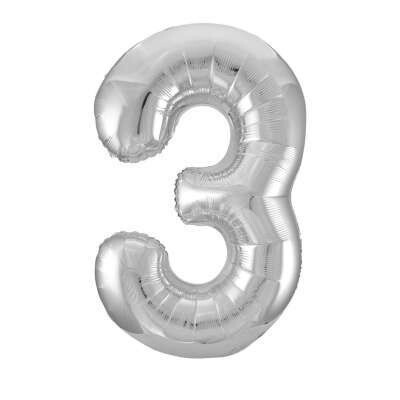 Silver Number 3 Shaped Foil Balloon 34" Packaged -Unique