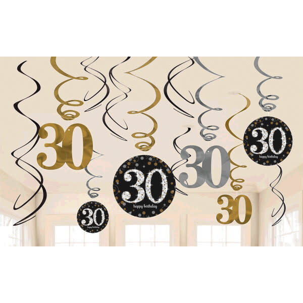 30th Birthday Black and Gold Hanging Swirls