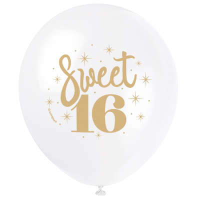 Sweet 16&#39; White &amp; Gold 12&quot; Latex Balloons 8ct