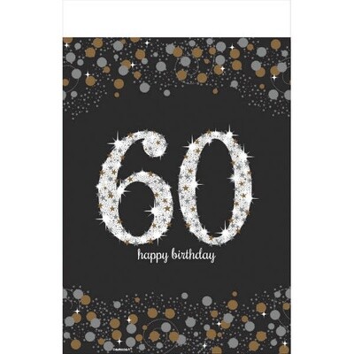 60th Birthday Black &amp; Gold 6FT Plastic Tablecloth