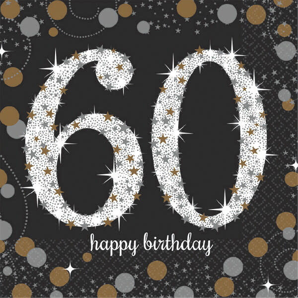 60th Birthday Black &amp; Gold Beverage Napkins