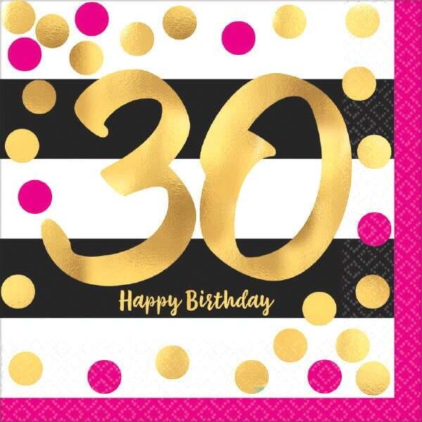 30th Birthday Pink and Gold Metallic Luncheon Napkins 16pk