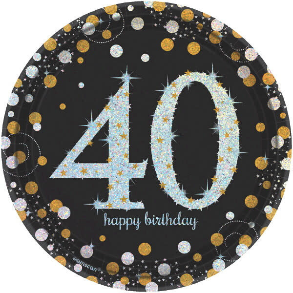 40th Birthday 7&quot; Black &amp; Gold Round Dessert Plates