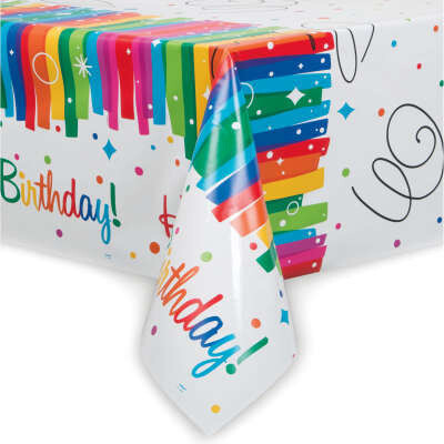 Rainbow Ribbons Birthday Rectangular Plastic 6FT Tablecloth