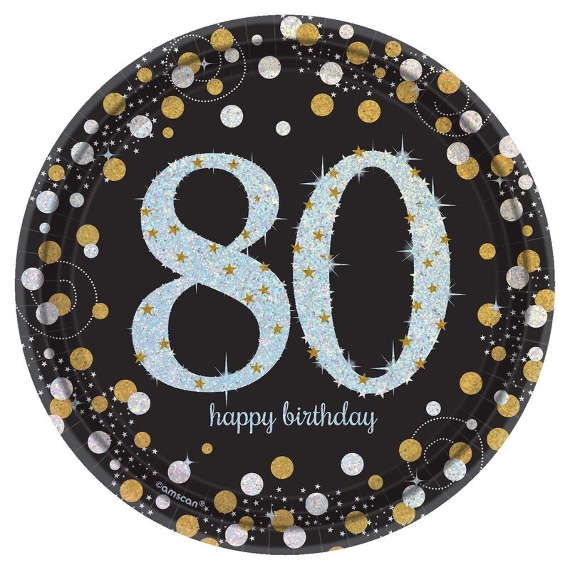 80th Birthday Gold and Black 9” Dinner Plates, 8ct