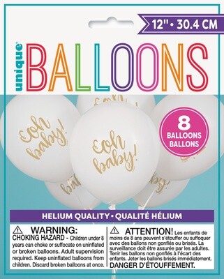 White ‘Oh Baby’ Latex Balloons, 8pk