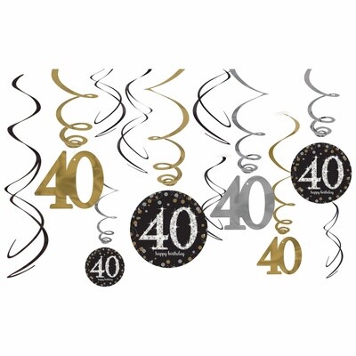 40th Birthday Black and Gold Hanging Swirls